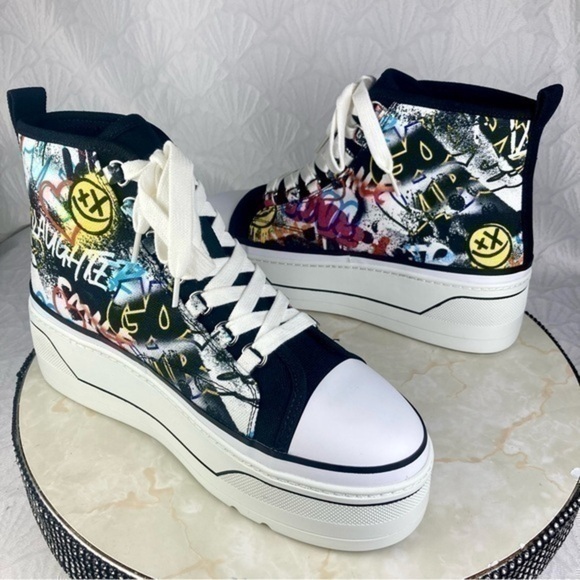 D’Amelio High Top Platform Retro Sneakers Sz 8 Black Graffiti Eyekonn Y2K Shoes - Picture 7 of 11